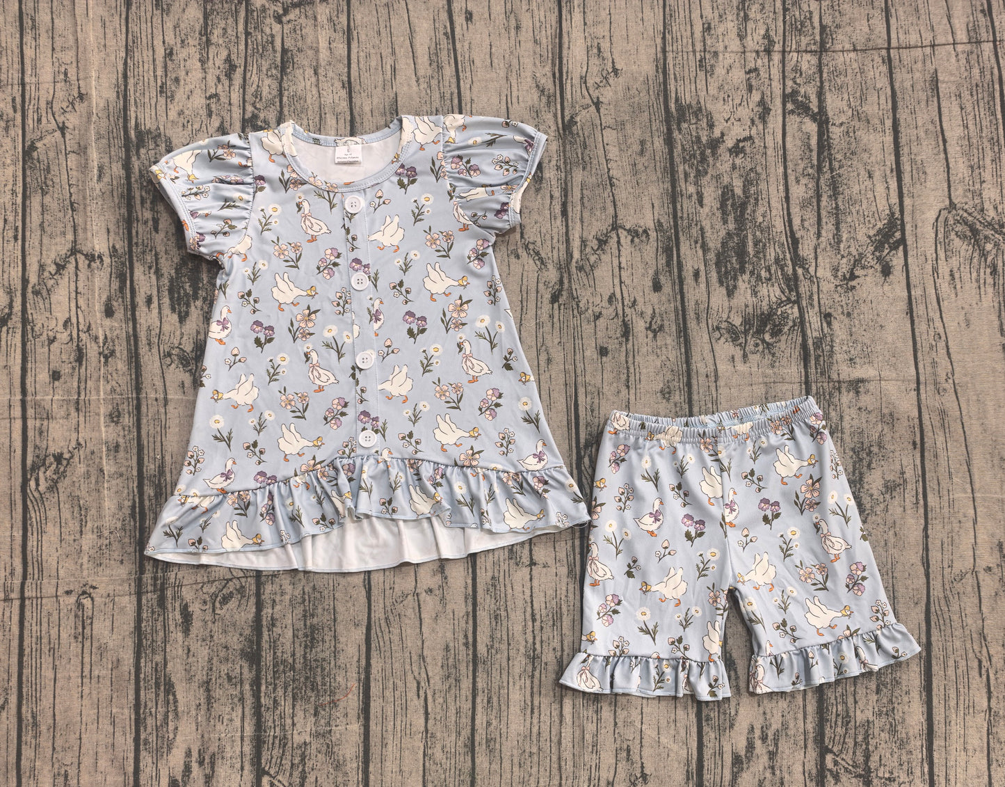 4.28 GSSO3433 Sample No Moq Baby Girls Flowers Gooses Button Tunic Ruffle Short Clothes Sets