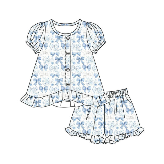 3.3 GSSO3435 Pre order No Moq Cute Fashion Clothing Baby Girls Blue Flowers Bows Button Top Tunic Ruffle Short Clothes Sets