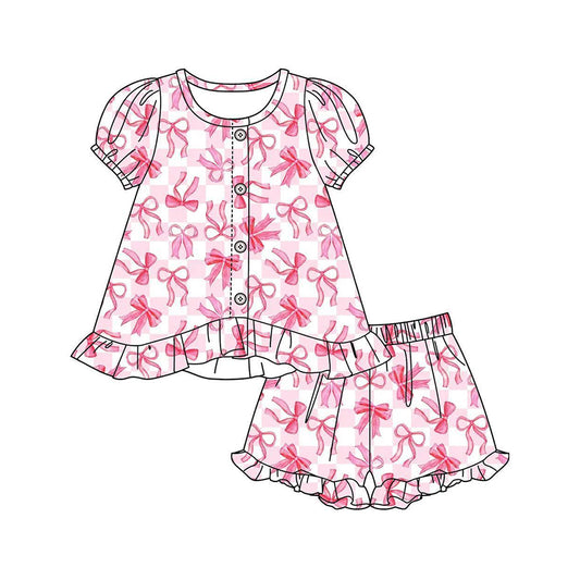 3.3 GSSO3436 Pre order No Moq Cute Fashion Clothing Baby Girls Pink Checked Bows Button Top Tunic Ruffle Short Clothes Sets