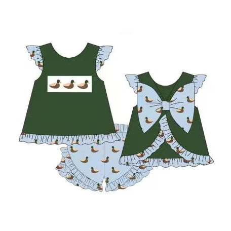 3.3 GSSO3437 Pre order No Moq Cute Fashion Clothing Baby Girls Green Ducks Back Bows Top Tunic Ruffle Short Hunting Clothes Sets