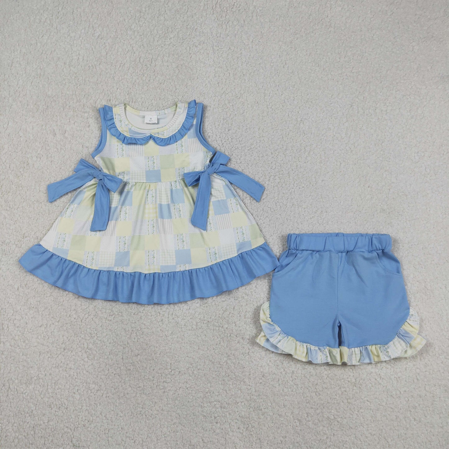 GSSO3439 RTS NO MOQ （In stock ）Sleeveless bow patchwork plaid tunic shorts girls outfits