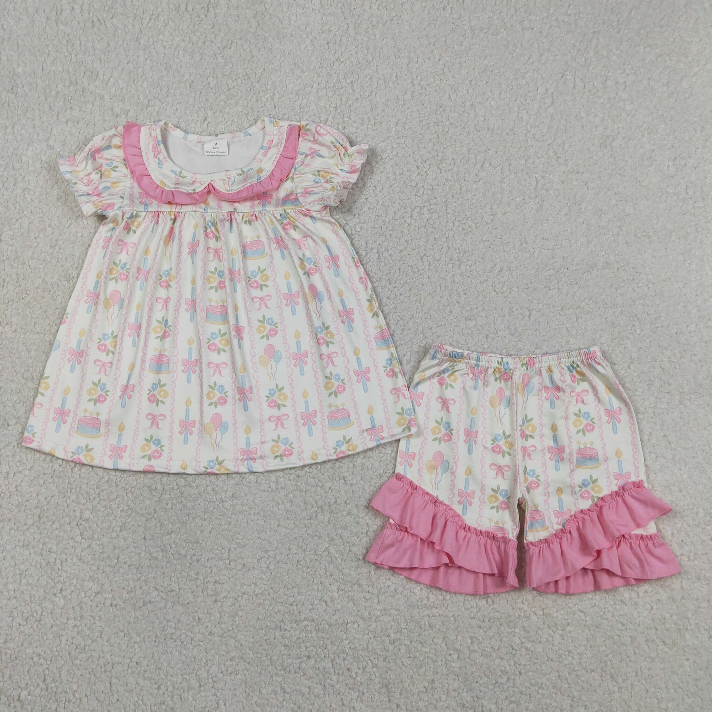 GSSO3445 RTS NO MOQ （In stock ）Short sleeves balloon floral bow girls happy birthday outfits