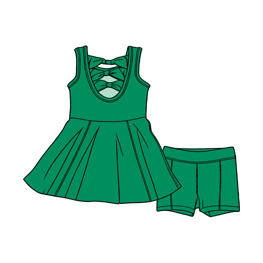 3.4 GSSO3458 Pre order No Moq Cute Fashion Clothing Baby Girls Green Sleeveless Back Bows Tunic Shorts Clothes Sets