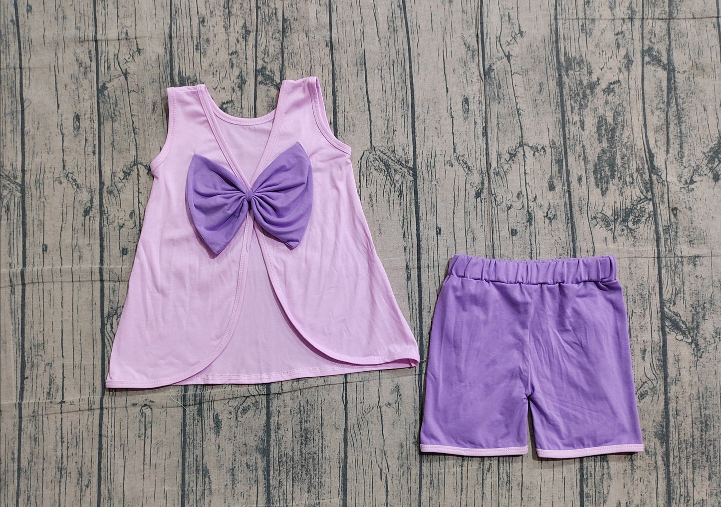 3.21 GSSO3461 Sample No Moq Baby Girls Summer Fashion Sleeveless Lavender Back Bows Tunic Ruffle Shorts Clothes Sets