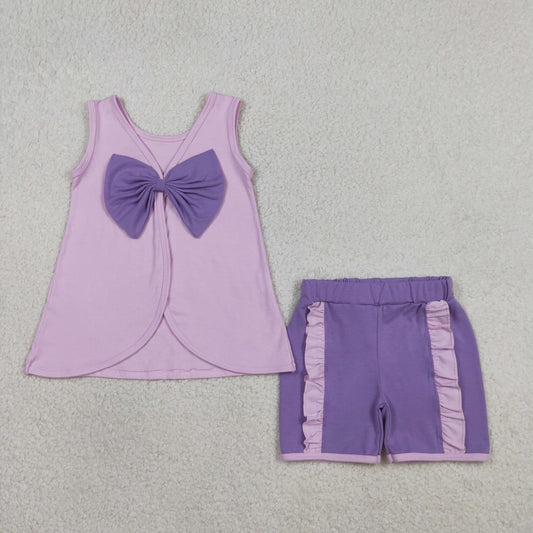 3.30 RTS NO MOQ （In stock）GSSO3461 Sleeveless bow tunic purple shorts girls summer outfits