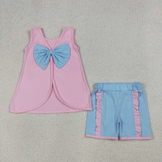 4.1 RTS NO MOQ （In stock）GSSO3462 Sleeveless bow pink tunic light blue shorts girls summer outfits