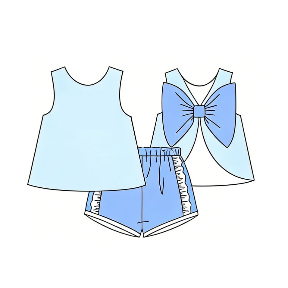 3.4 GSSO3463 Pre order No Moq Cute Fashion Clothing Baby Girls Light Blue Sleeveless Back Bows Tunic Ruffle Shorts Clothes Sets
