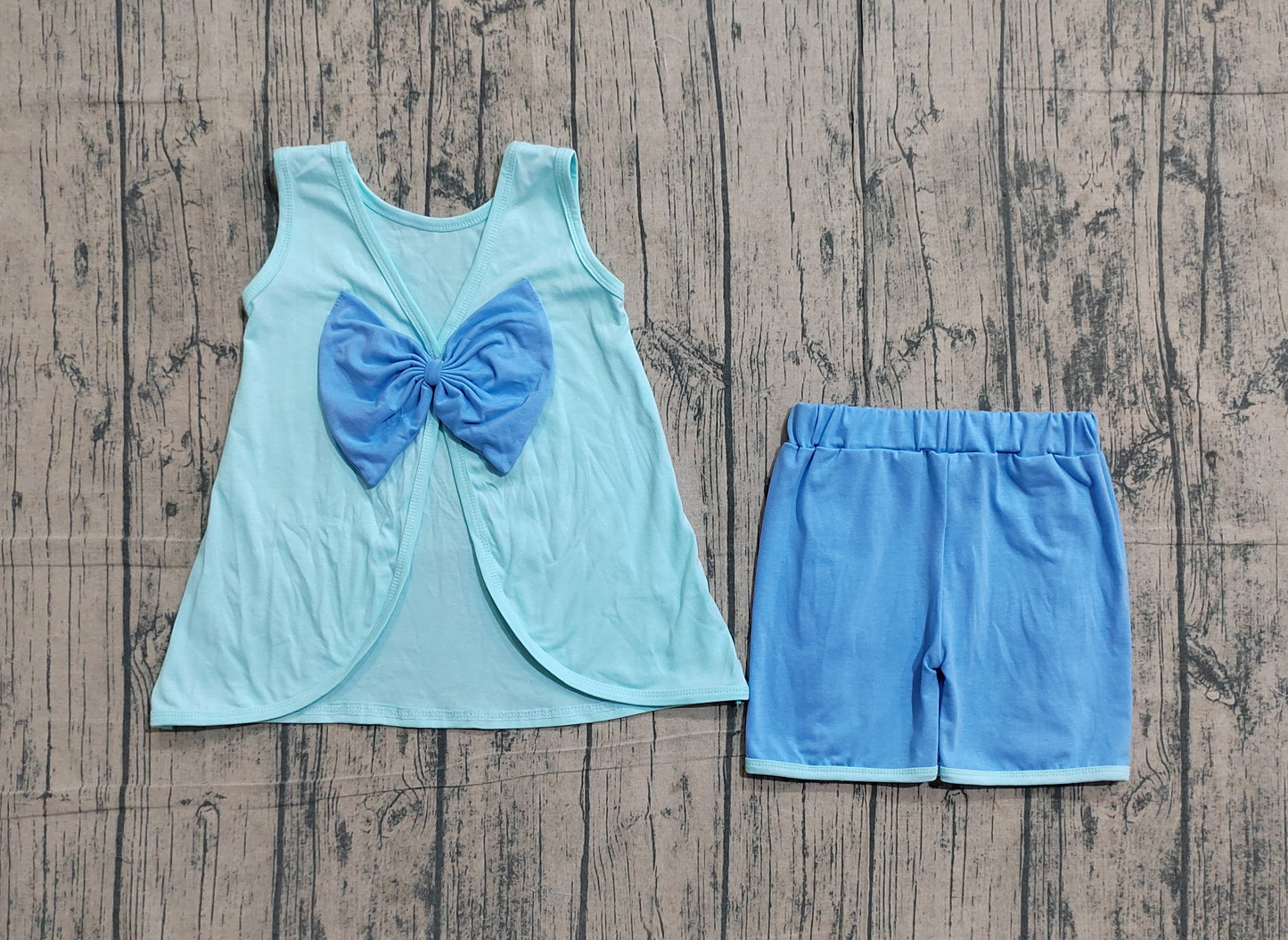 3.21 GSSO3463 Sample No Moq Baby Girls Summer Fashion Sleeveless Light Blue Back Bows Tunic Ruffle Shorts Clothes Sets