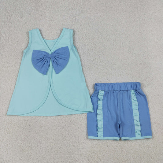 4.1 RTS NO MOQ （In stock）GSSO3463 Sleeveless bow tunic blue shorts girls summer outfits