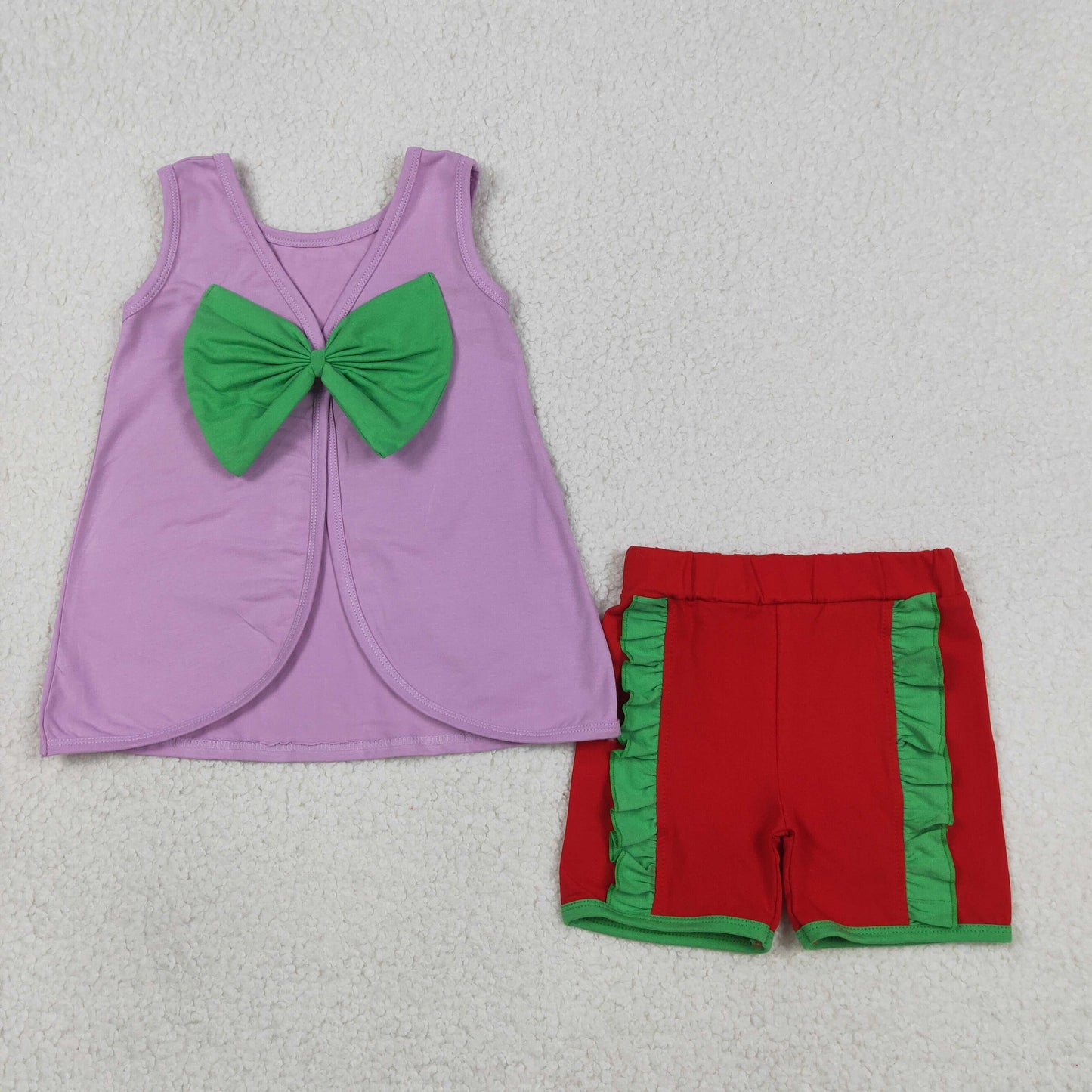 GSSO3465 RTS NO MOQ （In stock ）Sleeveless bow purple top red shorts princess girls outfits