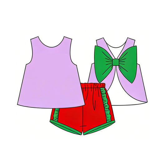 3.4 GSSO3465 Pre order No Moq Cute Fashion Clothing Baby Girls Purple Sleeveless Back Bows Tunic Red Shorts Clothes Sets