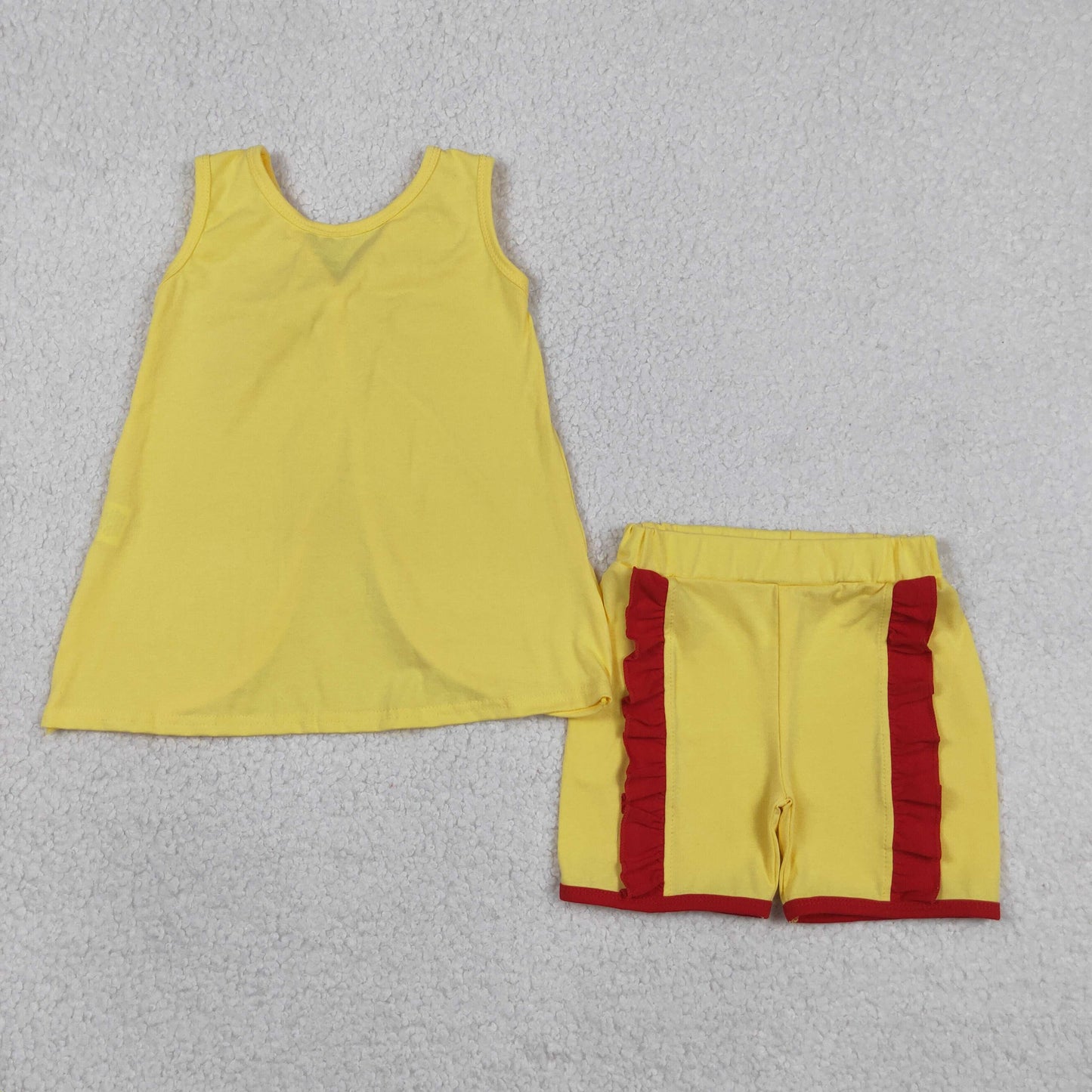 GSSO3466 RTS NO MOQ （In stock ）Sleeveless red bow top yellow shorts princess girls outfits