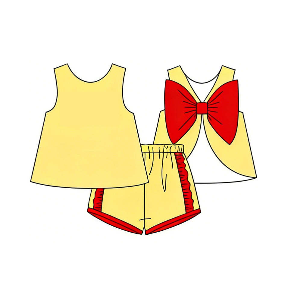 3.4 GSSO3466 Pre order No Moq Cute Fashion Clothing Baby Girls Yellow Sleeveless Back Bows Tunic Shorts Clothes Sets