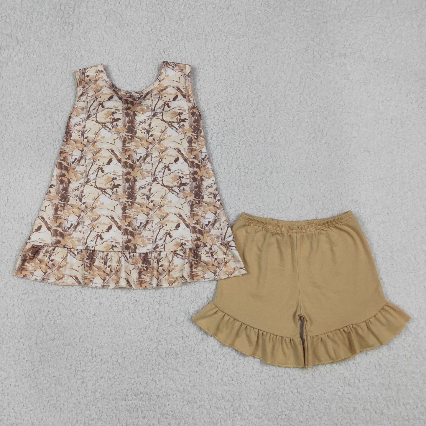 GSSO3467  RTS NO MOQ （In stock）Baby Girls Sleeveless Southern Leaves Camo Tunic Ruffle Shorts Clothes Sets