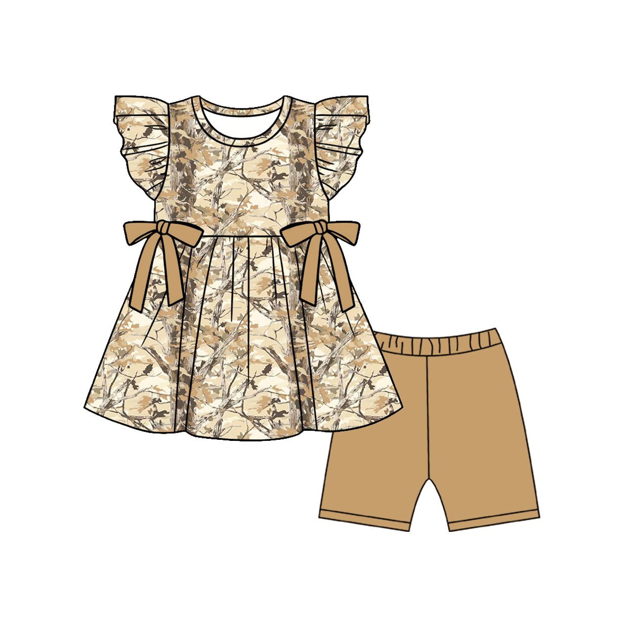 3.4 GSSO3468 Pre order No Moq Cute Fashion Clothing Baby Girls Flutter Sleeve Southern Leaves Camo Tunic Shorts Clothes Sets