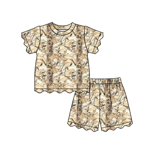 3.4 GSSO3469 Pre order No Moq Cute Fashion Clothing Baby Girls Scallop Short Sleeve Southern Leaves Camo Top Shorts Pajamas Sets