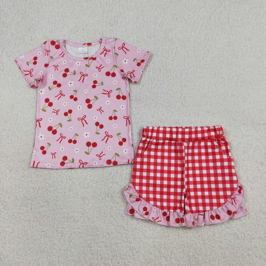 3.27 GSSO3470 RTS NO MOQ （In stock ）Short sleeves cherry bow top plaid shorts girls outfits