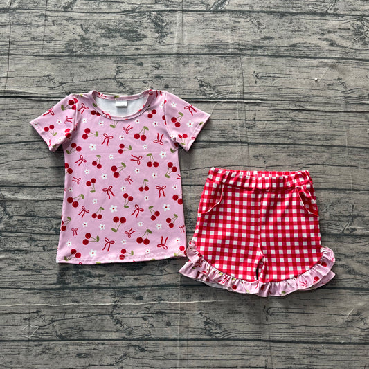 3.19 GSSO3470 Sample No Moq Baby Girls Summer Fashion Short Sleeve Pink Cherry Flowers Top Checked Ruffle Shorts Clothes Sets