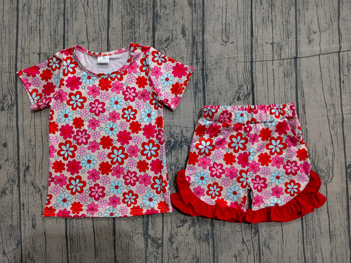 4.1 GSSO3471 Sample No Moq Baby Girls Colorful Small Flowers Top Ruffle Shorts Clothes Sets Preorder