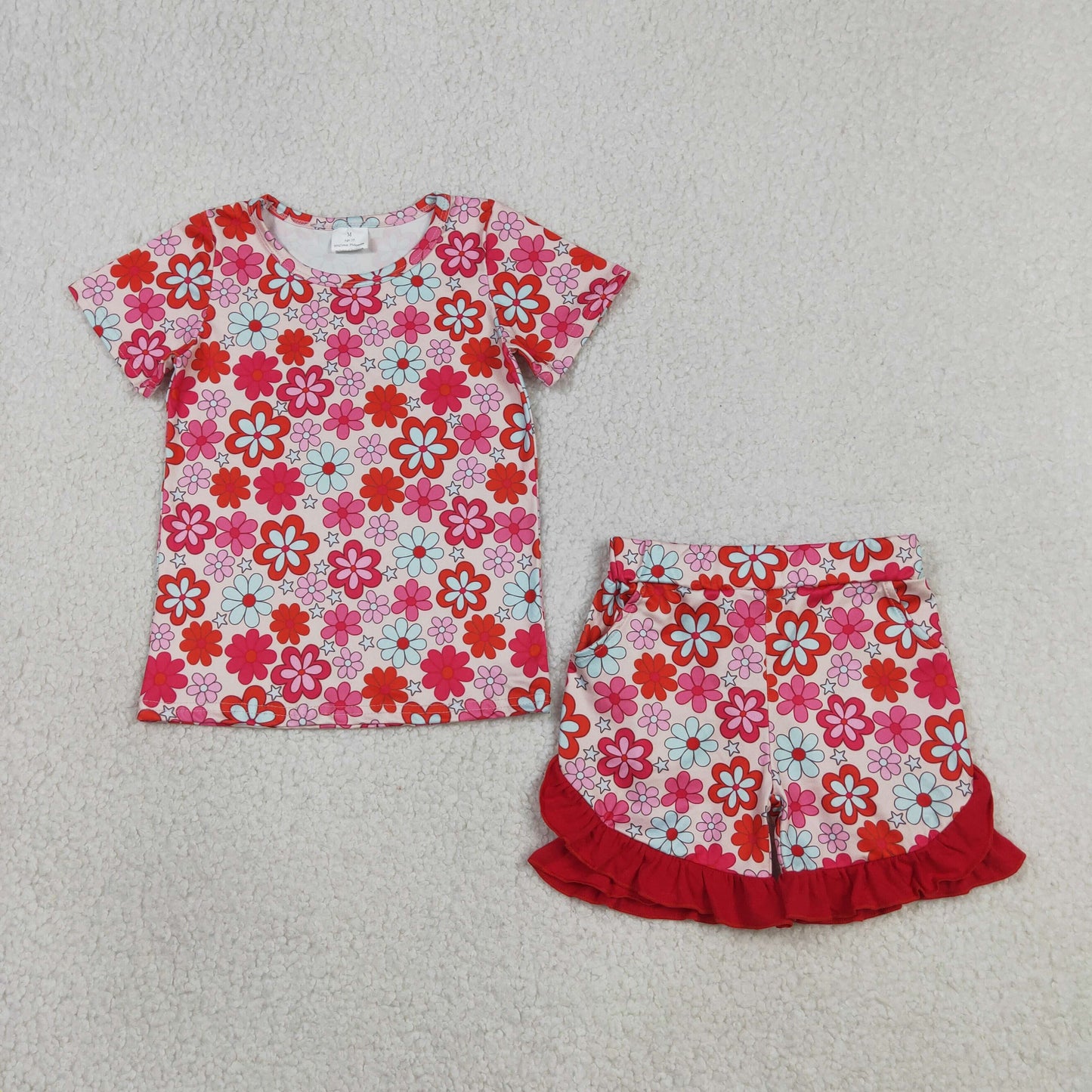 GSSO3471 RTS NO MOQ （In stock ）Short sleeves floral top red ruffle shorts girls outfits