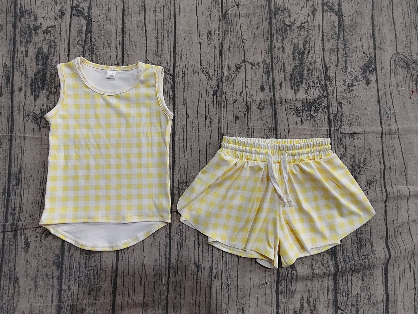 4.23 GSSO3475 Sample No Moq Baby Girls Yellow Checked Vests Top Short Yoga Active Clothes Set