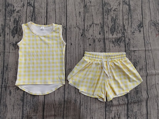 4.23 GSSO3475 Sample No Moq Baby Girls Yellow Checked Vests Top Short Yoga Active Clothes Set