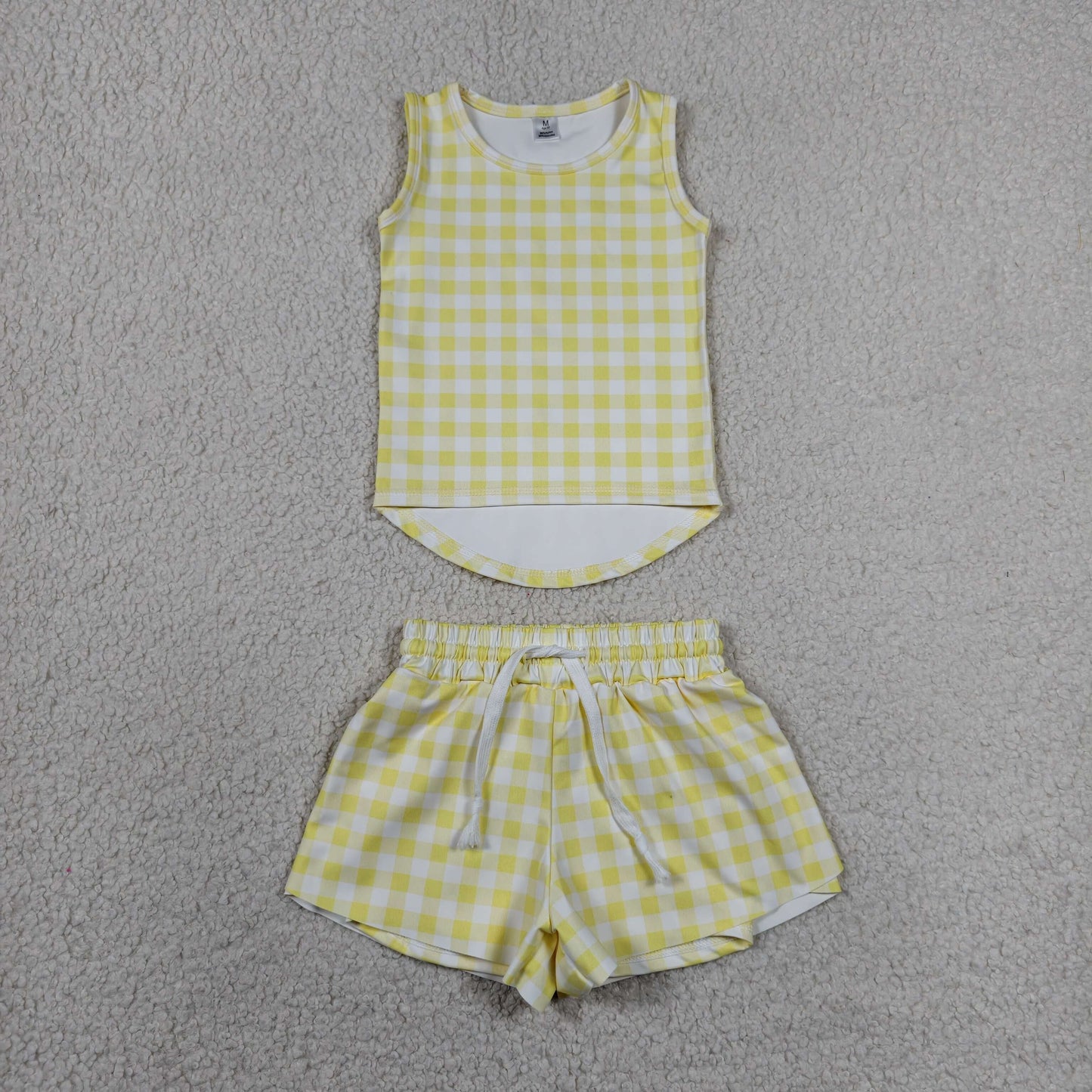 GSSO3475 RTS NO MOQ （In stock）Sleeveless yellow plaid top shorts girls active wear set