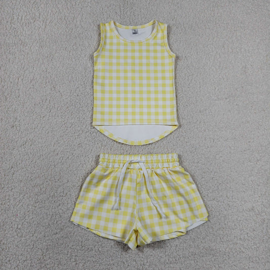 GSSO3475 RTS NO MOQ （In stock）Sleeveless yellow plaid top shorts girls active wear set