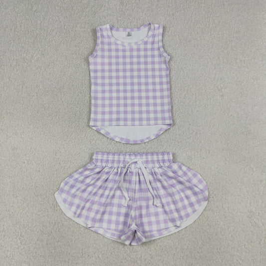 4.9 GSSO3477 RTS NO MOQ （In stock ）Sleeveless lavender plaid top shorts girls active wear set