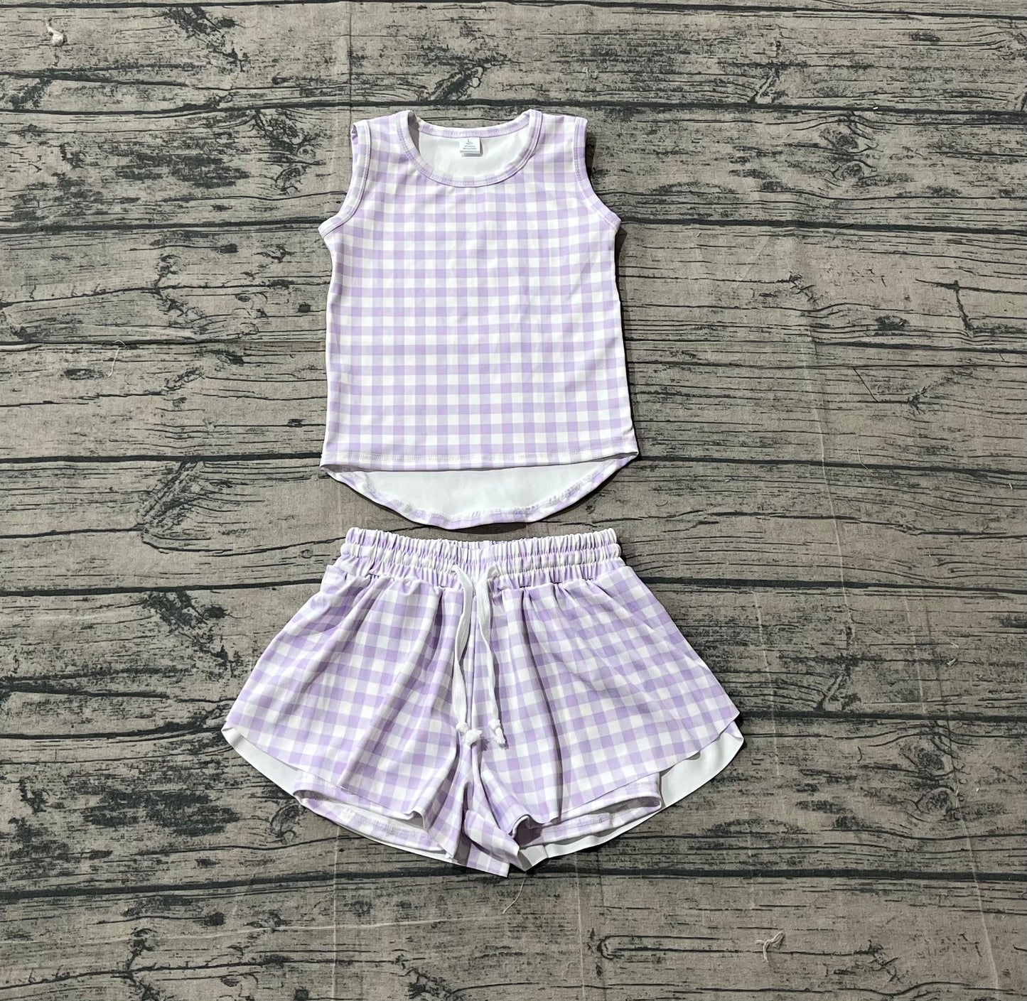 3.14 GSSO3477 Sample No Moq Yoga fabric Baby Girls Summer Lavender Checked Vests Top Short Yoga Active Clothes Set
