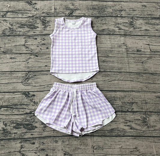 3.14 GSSO3477 Sample No Moq Yoga fabric Baby Girls Summer Lavender Checked Vests Top Short Yoga Active Clothes Set