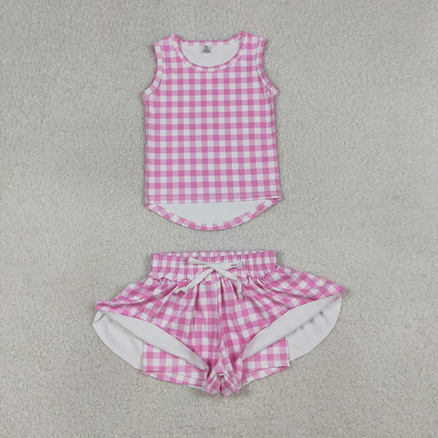 4.9 GSSO3478 RTS NO MOQ （In stock ）Sleeveless pink plaid top shorts girls active wear set
