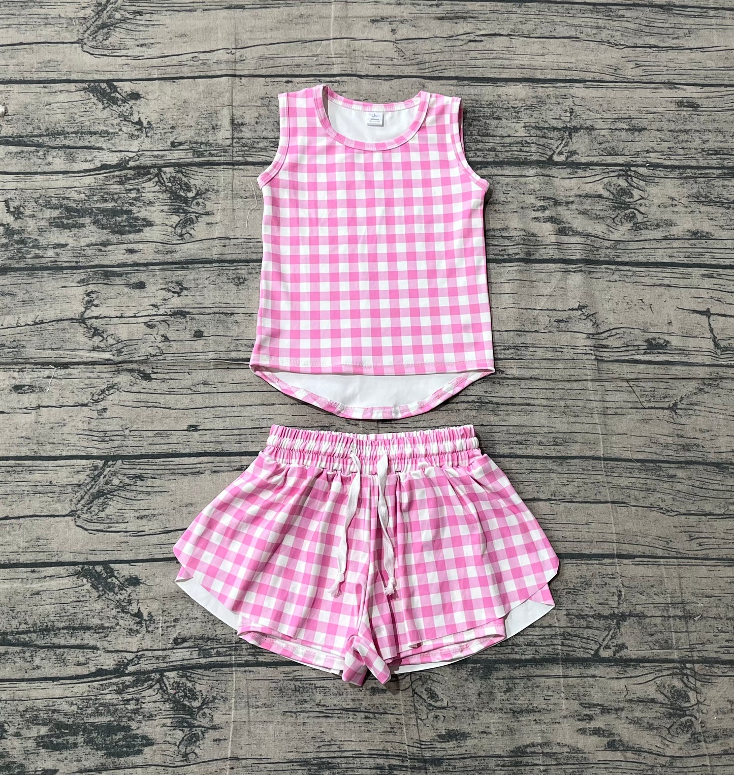 3.14 GSSO3478 Sample No Moq Yoga fabric Baby Girls Summer Pink Checked Vests Top Short Yoga Active Clothes Set