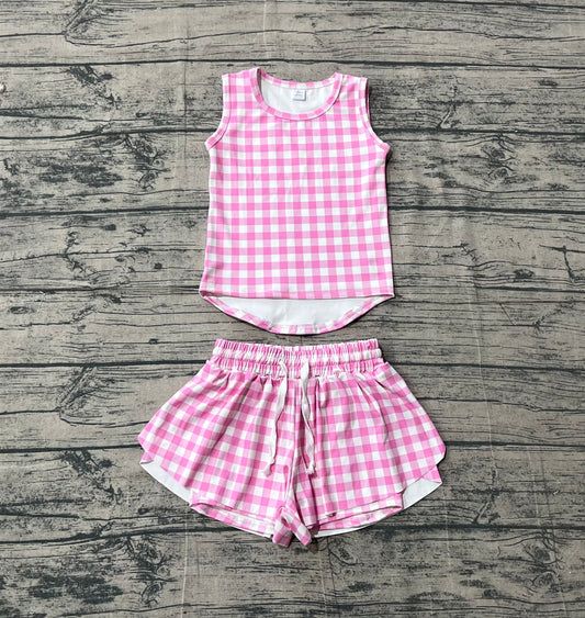 3.14 GSSO3478 Sample No Moq Yoga fabric Baby Girls Summer Pink Checked Vests Top Short Yoga Active Clothes Set