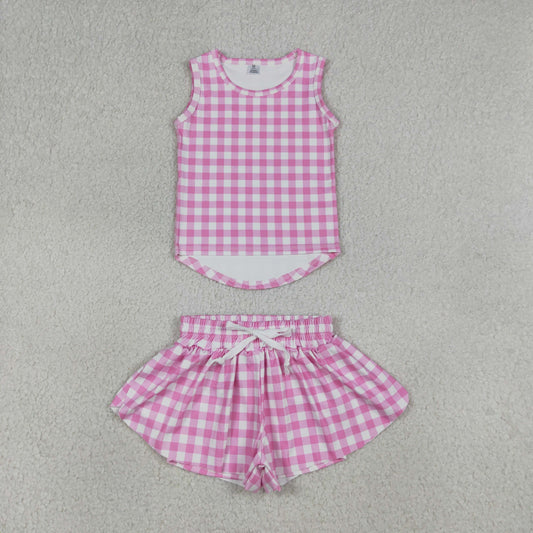 4.9 GSSO3478 RTS NO MOQ （In stock ）Sleeveless pink plaid top shorts girls active wear set