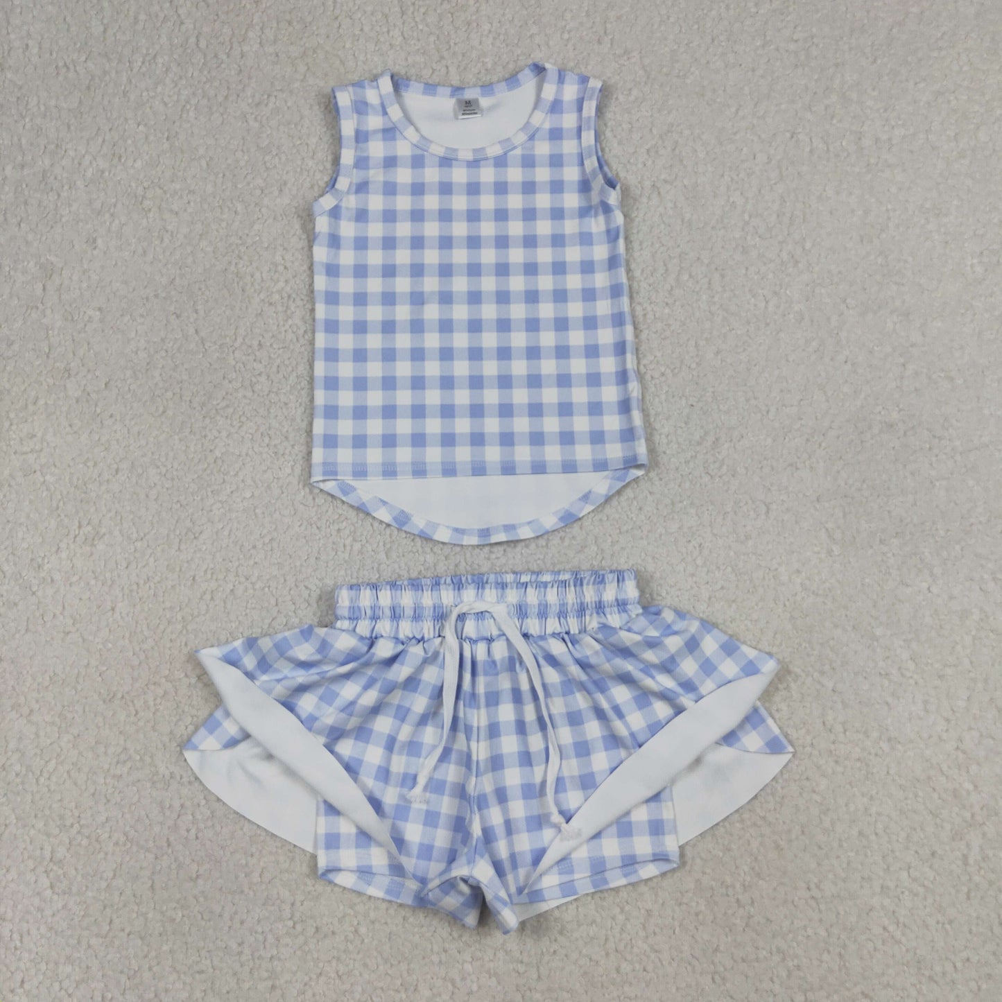 4.15 GSSO3479 RTS NO MOQ （In stock ）Sleeveless blue plaid top shorts girls active wear set