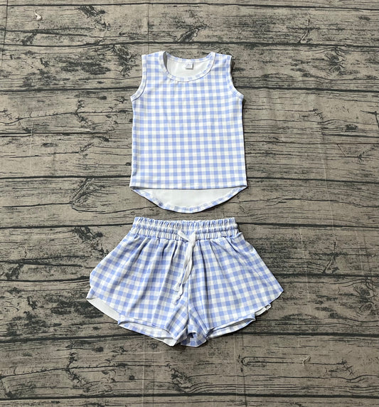 3.14 GSSO3479 Sample No Moq Yoga fabric Baby Girls Summer Purple Checked Vests Top Short Yoga Active Clothes Set