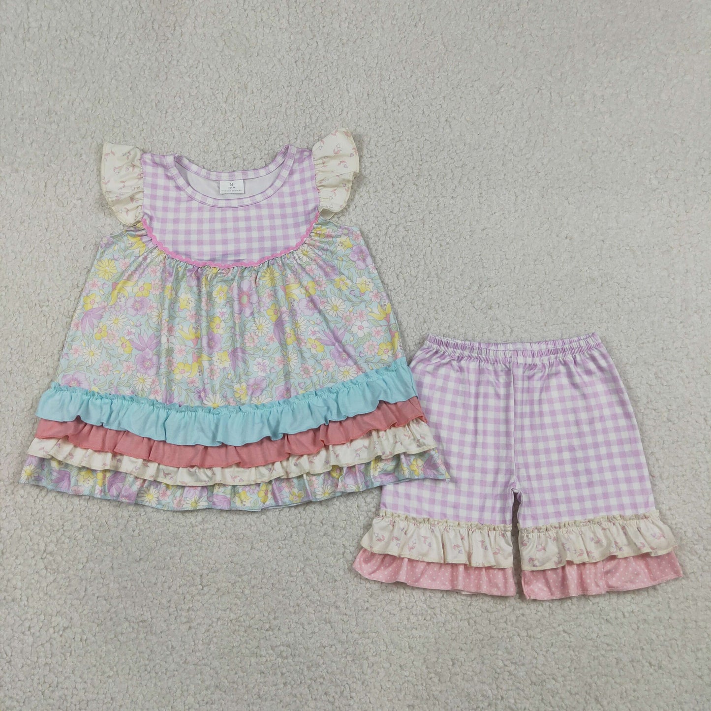GSSO3485 RTS NO MOQ （In stock ）Flutter sleeves floral ruffle tunic plaid shorts girls outfits