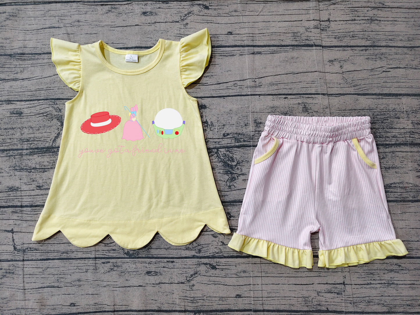 5.15 GSSO3495 Embroidery Got a Friend Baby Girls Scallop Tunic Stripe Pockets Short Clothes Sets