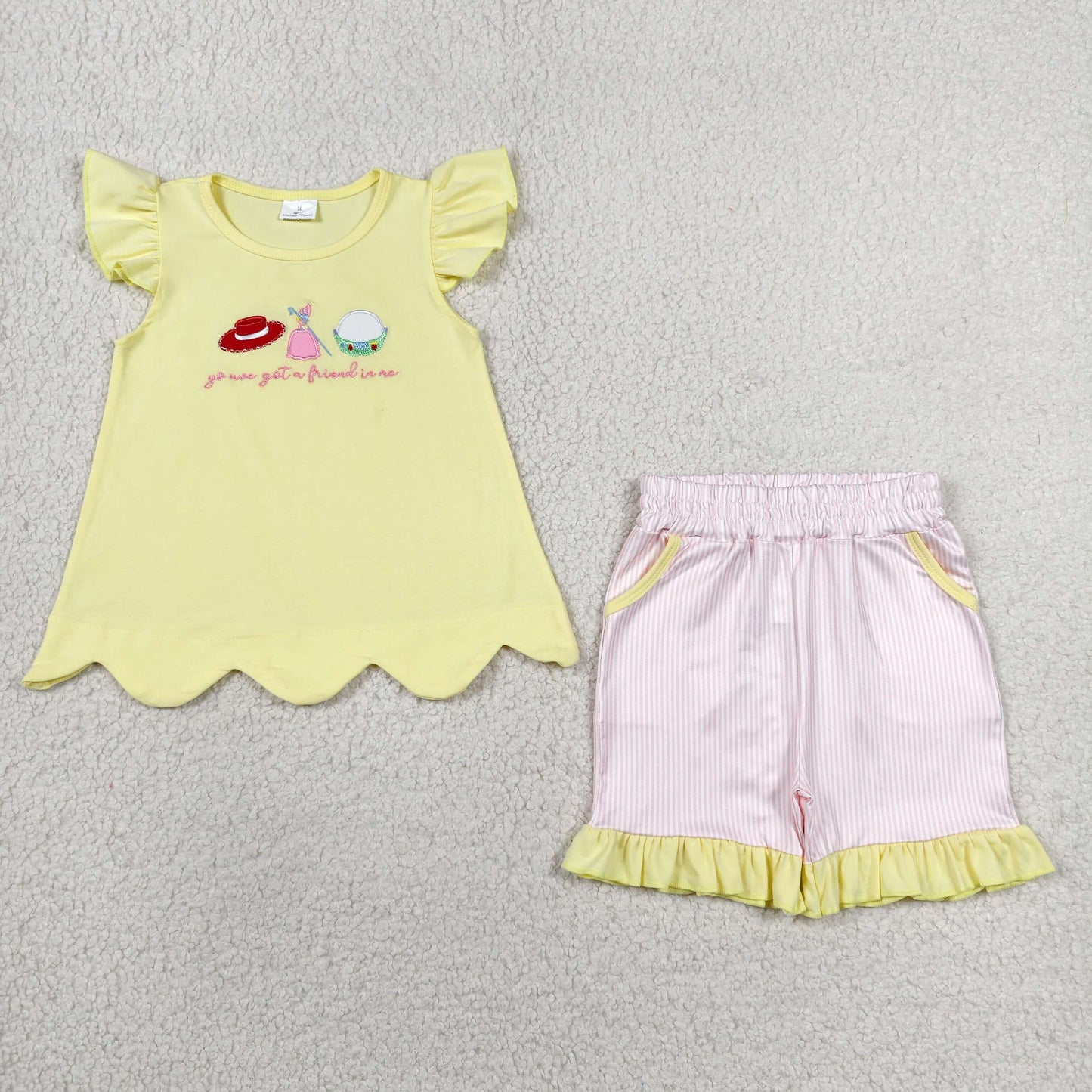 GSSO3495 NO MOQ （In stock ）Embroidery Got a Friend Baby Girls Scallop Tunic Stripe Pockets Short Clothes Sets