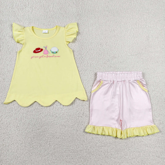 GSSO3495 NO MOQ （In stock ）Embroidery Got a Friend Baby Girls Scallop Tunic Stripe Pockets Short Clothes Sets