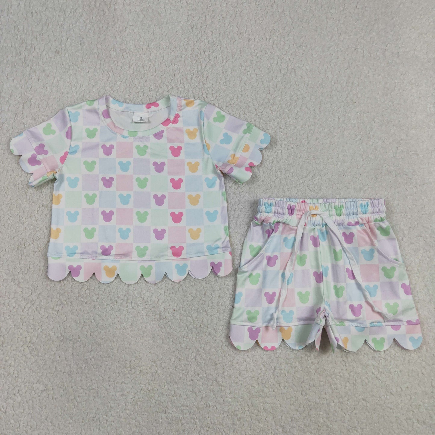 GSSO3496 RTS NO MOQ （In stock ）Short sleeves colorful plaid mouse scallop top shorts girls outfits
