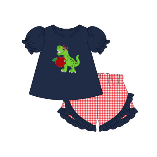 3.6 GSSO3499 Pre order No Moq Baby Girls Cute Fashion Apple Dinosaurs Tunic Checked Ruffle Short Back to School Clothes Sets