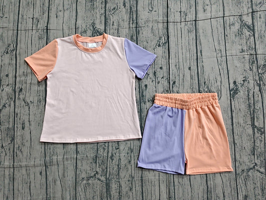 3.23 GSSO3504 Sample No Moq Baby Girls Summer Fashion Short Sleeve Pink Blue Patchwork Top Short Pajamas Clothes Sets