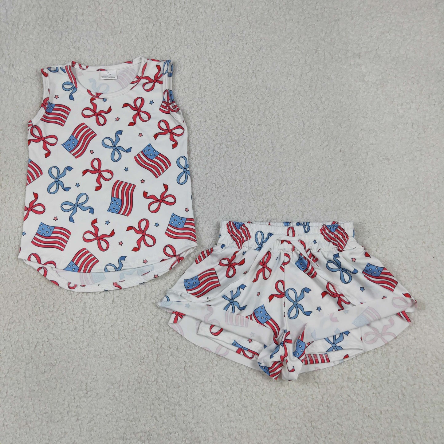 GSSO3520 RTS NO MOQ （In stock）Sleeveless bow flag top shorts kids girls 4th of july outfits
