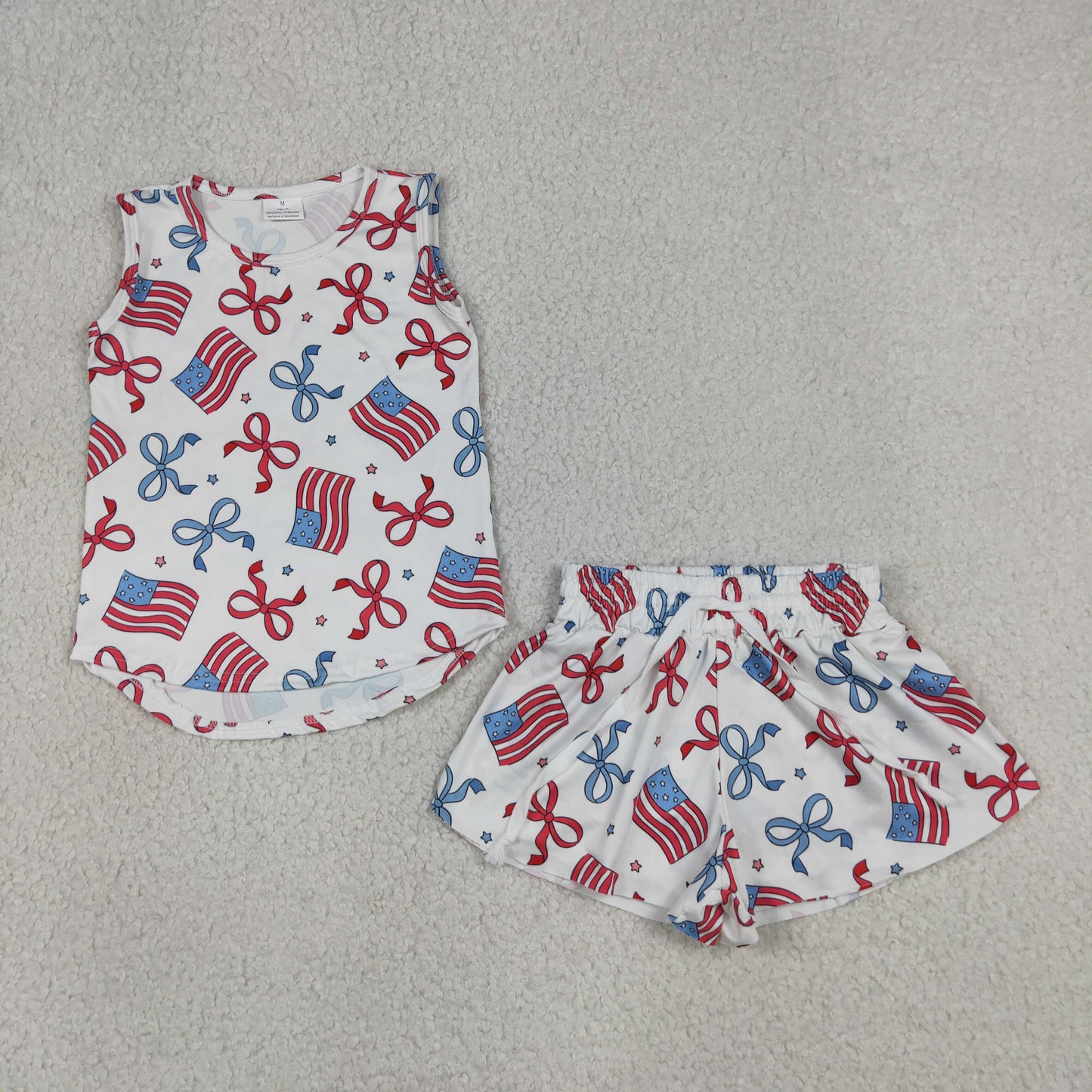 GSSO3520 RTS NO MOQ （In stock）Sleeveless bow flag top shorts kids girls 4th of july outfits