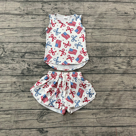 4.28 GSSO3520 Sample No Moq Baby Girls Red Blue Flags Bows Stars Top Short 4th of July Clothes Sets