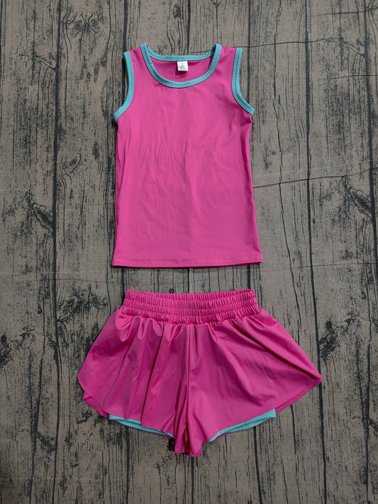 3.23 GSSO3526 Sample No Moq Yoga fabric Baby Girls Summer Sleeveless Hot Pink  Vests Top Ruffle Short Yoga Active Clothes Set