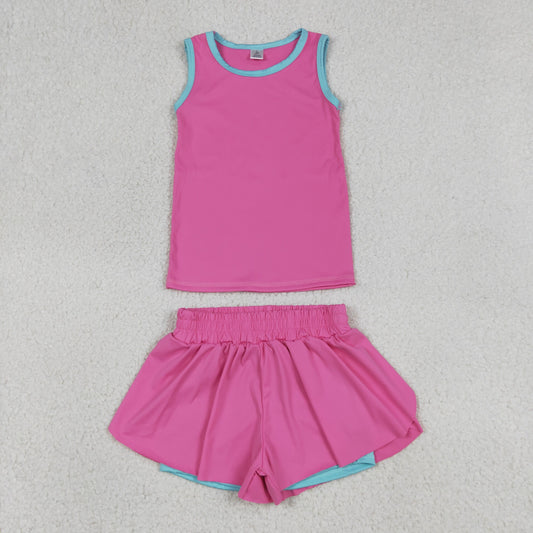 GSSO3526 RTS NO MOQ （In stock）Sleeveless hot pink top shorts girls active wear set