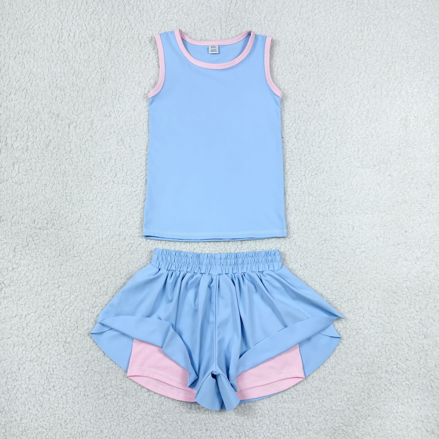 GSSO3527 RTS NO MOQ （In stock）Baby Girls Blue Sleeveless Vests Top Ruffle Short Yoga Active Clothes Set